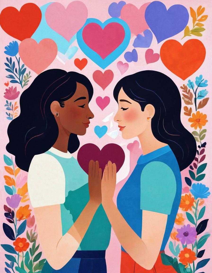 A heartfelt scene showcasing two diverse couples engaging in meaningful conversations, surrounded by symbols of attachment styles (like puzzle pieces) and love languages (like hearts and flowers). The background should be filled with soft pastel colors to evoke warmth and connection, while the couples are depicted in various gestures of affection, emphasizing emotional bonding. The overall mood should be inviting and relational. vibrant colors. soft focus.