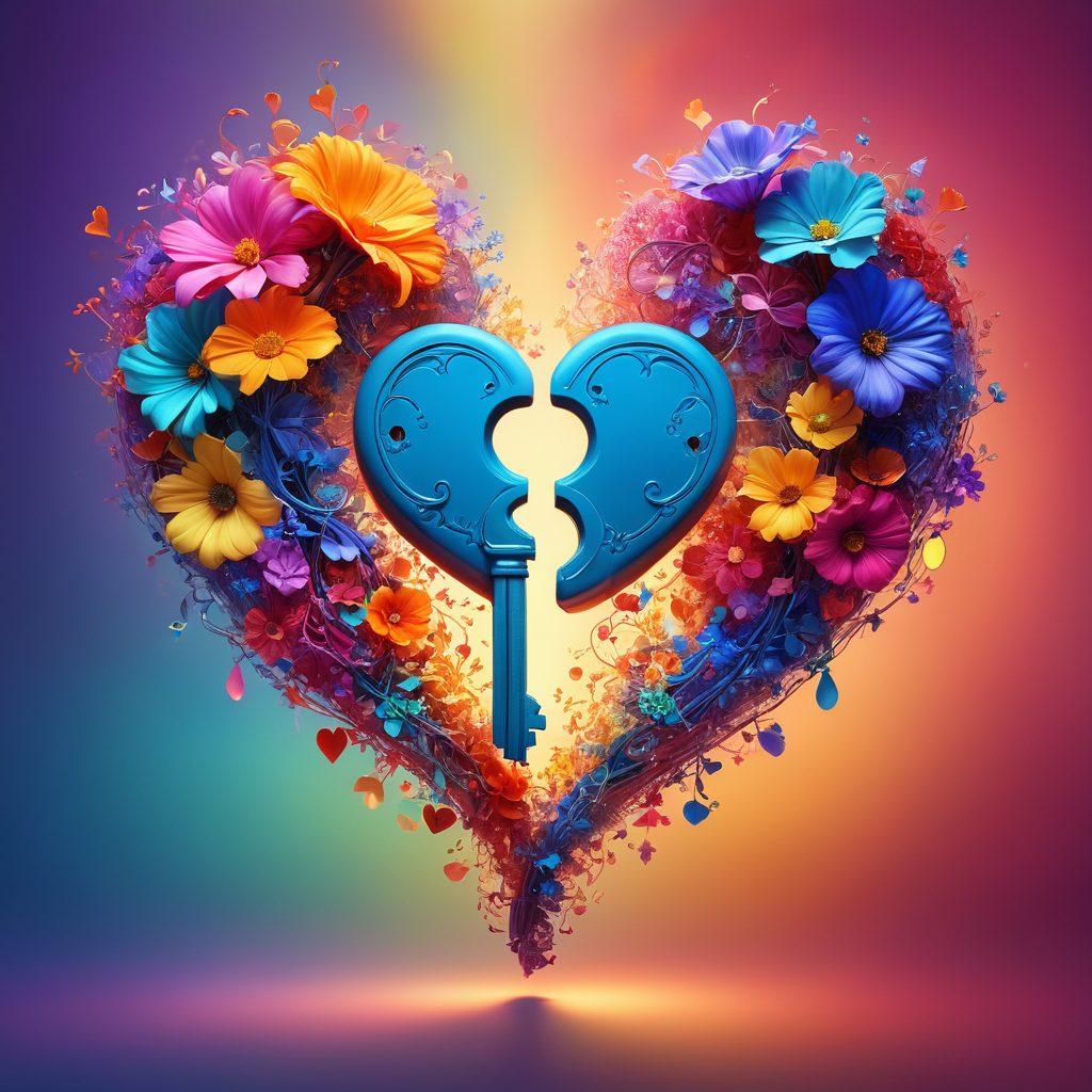 A surreal depiction of a heart-shaped key unlocking a glowing heart, surrounded by swirling, colorful wisps representing emotions and connections. The background features abstract figures symbolizing love and psychological insights, intertwined with vibrant flowers and soft lighting. This image should evoke feelings of warmth and depth in relationships. super-realistic. vibrant colors. abstract.
