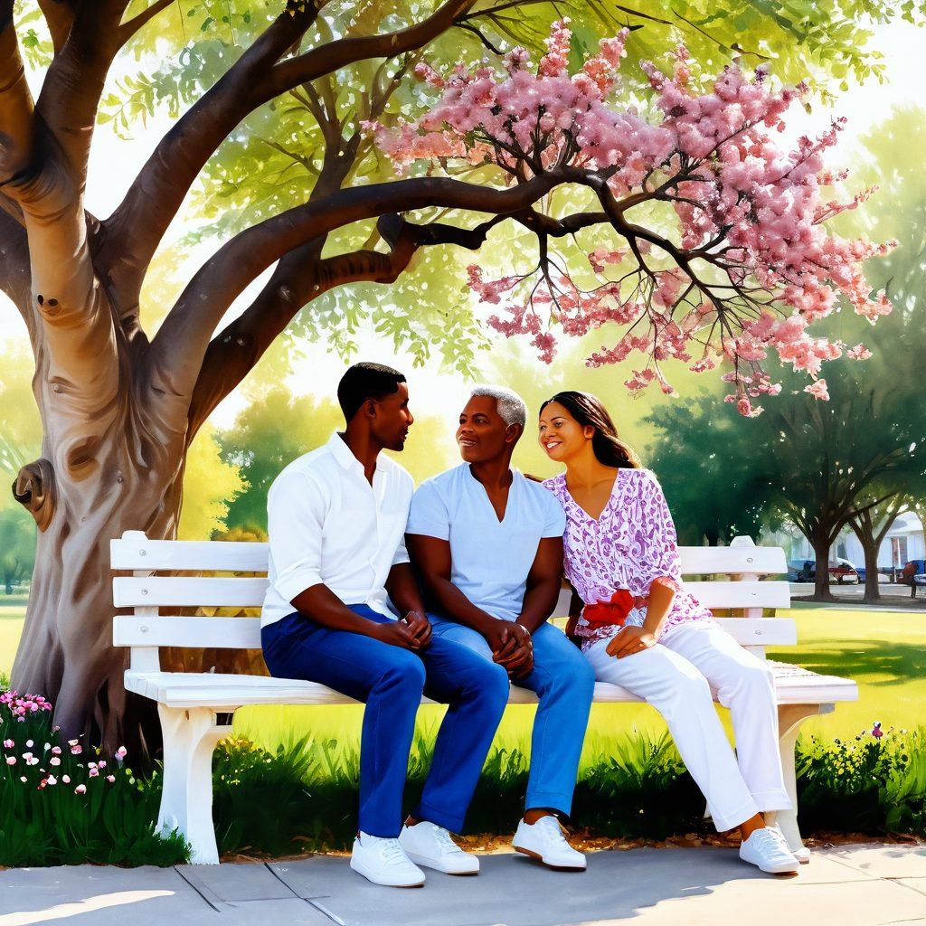 A serene scene depicting two diverse individuals sitting on a park bench, sharing a warm, heartfelt conversation, surrounded by blooming flowers and soft sunlight. In the background, a whimsical tree with intertwined branches symbolizes connections, while subtle heart shapes float gently through the air, representing love and emotional wellness. Capture the essence of tranquility and connection. painting. soft colors. white background.